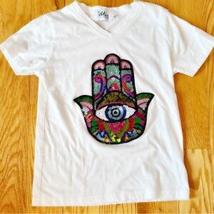 Lola + The Boys White Kids Shirt with Colorful Evil Eye Hand of G-D Design